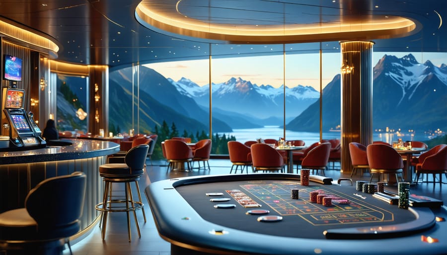 A modern casino lounge with elegant gaming tables overlooking a breathtaking Norwegian fjord under the midnight sun, symbolizing Norway's fusion of gaming and natural beauty.