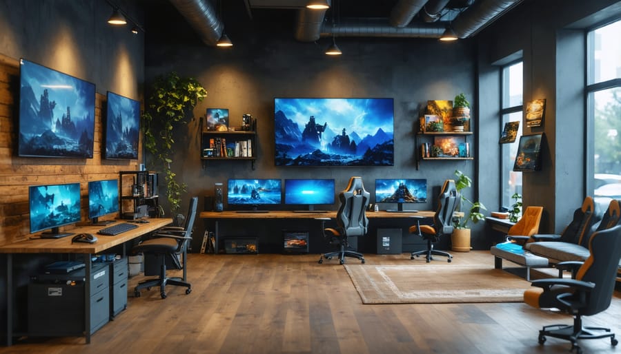 High-end gaming café interior with contemporary Nordic design and multiple gaming stations
