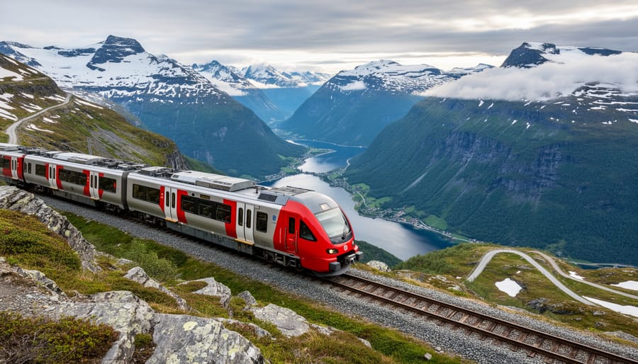 Bergen Railway train traveling through mountainous Norwegian fjord landscape