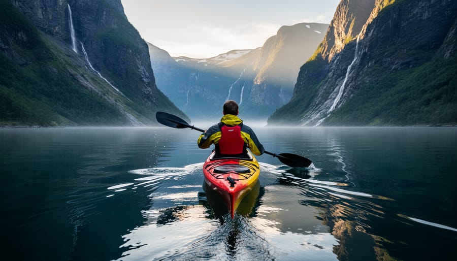 Kayakers paddling on calm Norwegian fjord with mountain reflections in water