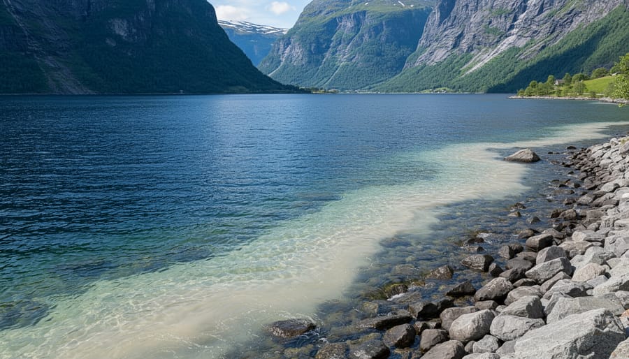Close view of dark fjord shoreline stones with calm water reflecting mountains in the background