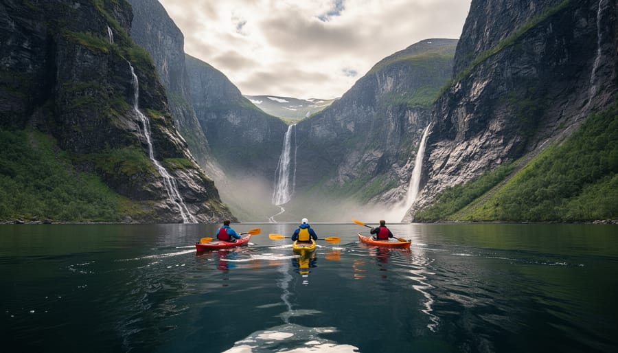 Kayakers on a Norwegian fjord at sunrise with steep cliffs and a distant waterfall