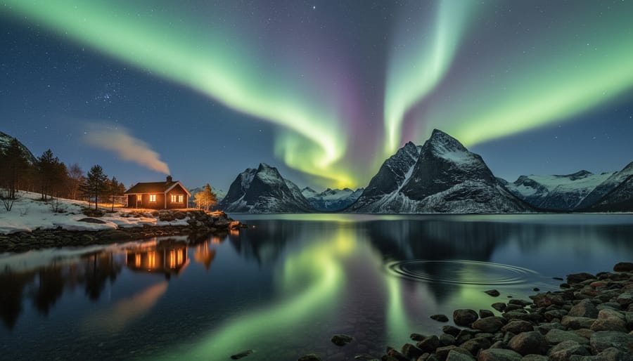 Aurora borealis over a Norwegian fjord with green lights reflected on the water and a cabin in the foreground