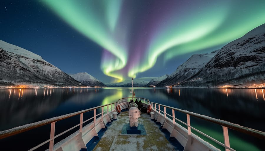 People on a winter boat tour on a Norwegian fjord at night with aurora lights overhead