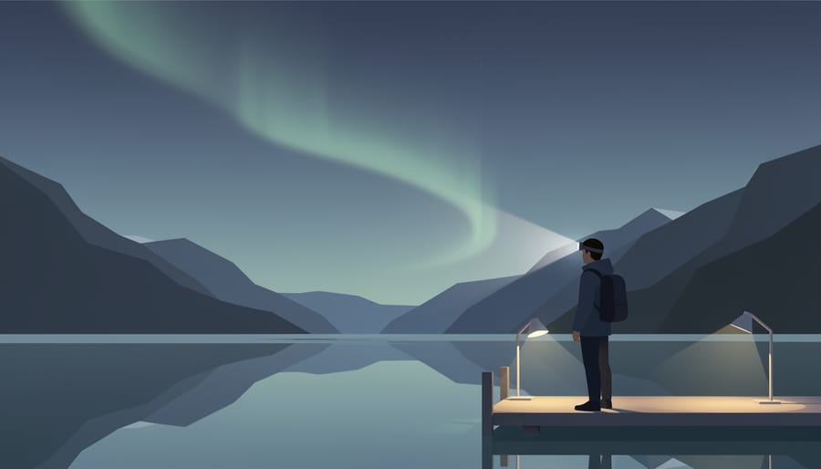 Person standing by a fjord at twilight holding a red flashlight while looking toward the night sky