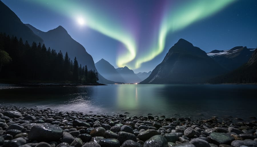 Aurora borealis glowing over a Norwegian fjord with dark mountains, pine-covered shoreline, and reflections on calm water at night.