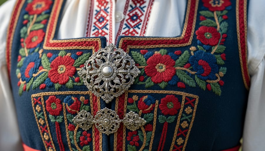 Close-up of a Norwegian bunad with detailed embroidery and metallic accessories on a wooden bench