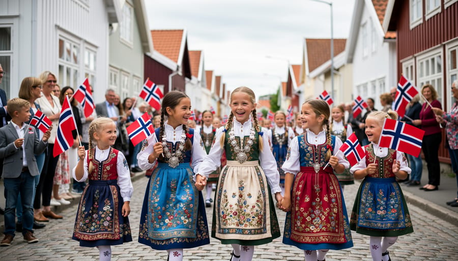Children wearing bunad costumes marching in a Constitution Day parade in Norway