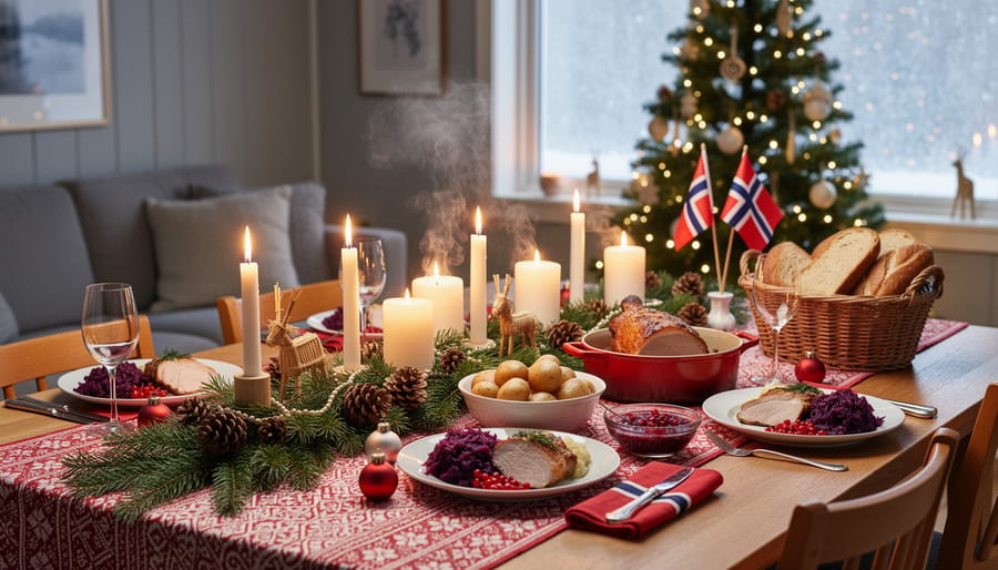 Candlelit Christmas Eve dinner table with traditional Norwegian dishes and family hands preparing food