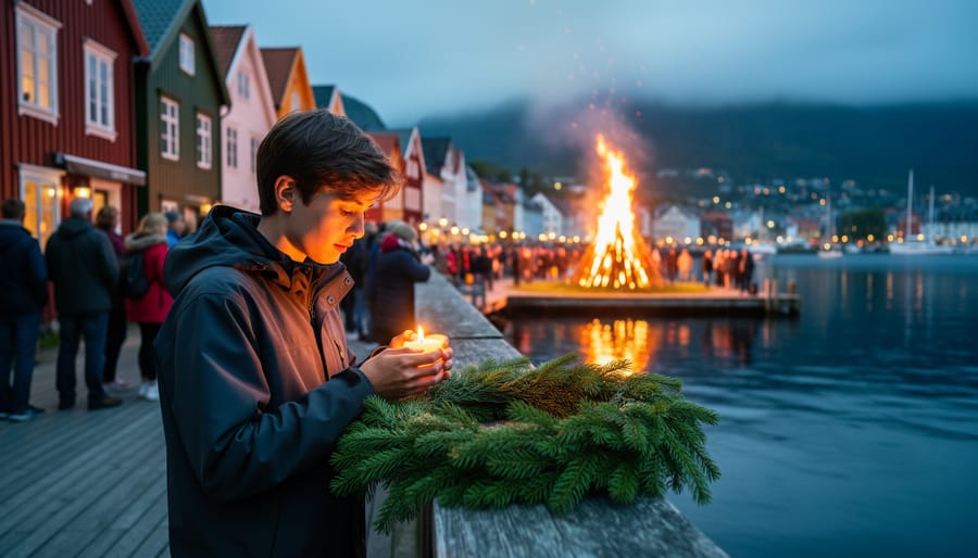 Candlelit Norwegian waterfront town scene with a distant bonfire and a traveler holding a small candle near evergreen decor.