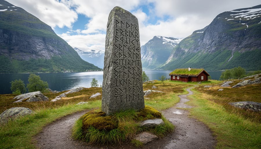A moss-covered rune stone in a Norwegian grassy landscape under overcast light.