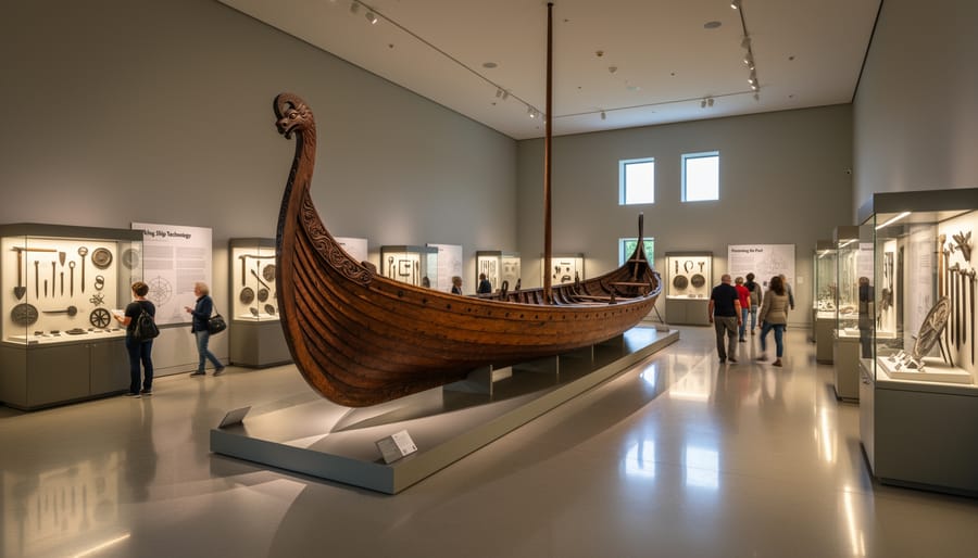 Visitor viewing a Viking ship artifact or reconstructed ship segment inside a museum exhibit.
