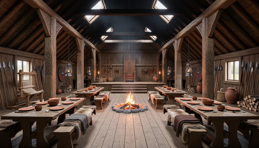 Reconstructed Viking hall interior with wooden benches, shields, and fur rugs.