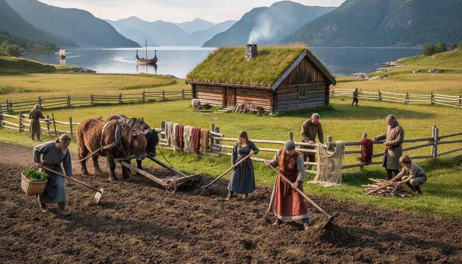 Viking-age farmers working near a fjord settlement with crops and wooden buildings in the background.