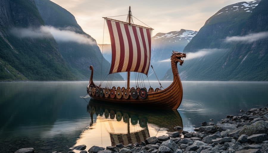 A Viking longship rests near a fjord shoreline in Norway at golden hour.
