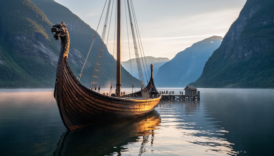 “A Viking longship anchored beside a Norwegian fjord at golden hour with rugged cliffs and calm water in the background.”